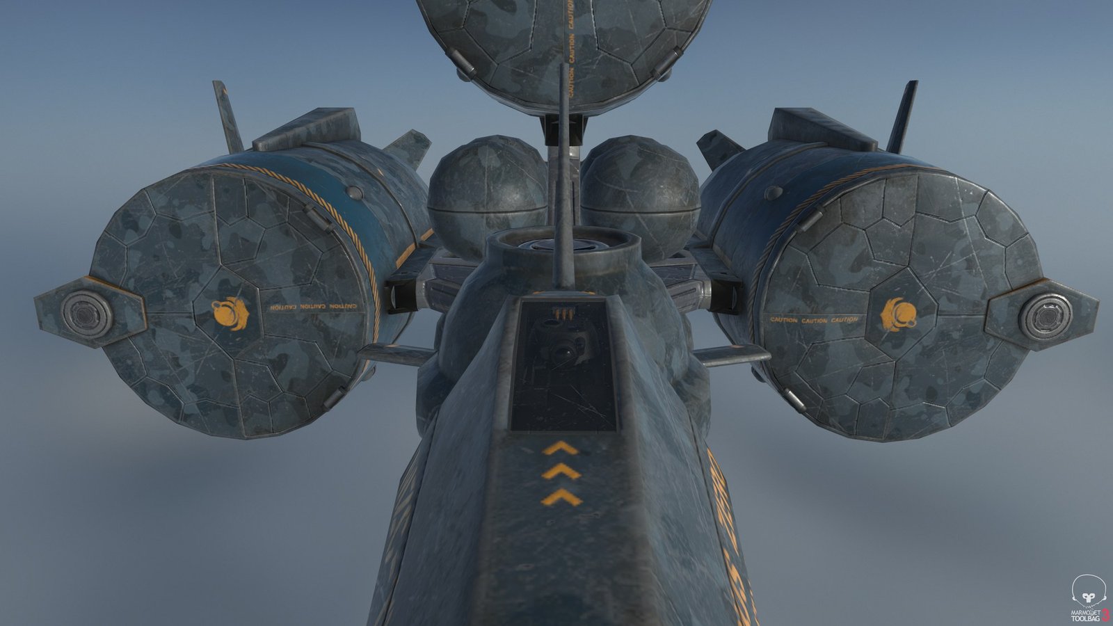 The gunbarrel pods from behind, with their caution stencils