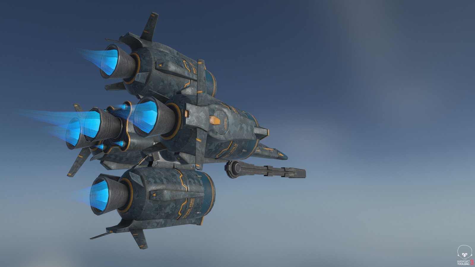 All four thrusters lit, with the linear gun extended