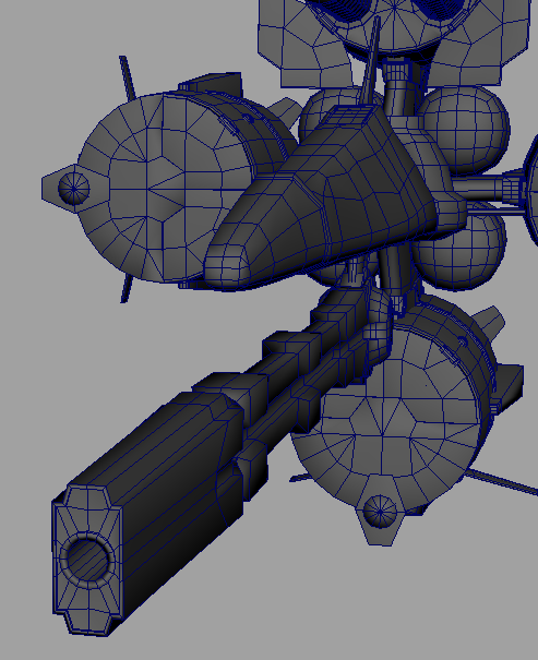 The gunbarrel pods and the linear gun in wireframe. The same topology repeats four times.