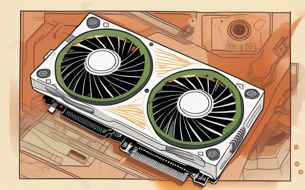 The same graphics card in the pipeline's editorial style, framed and set into a sketched desk scene
